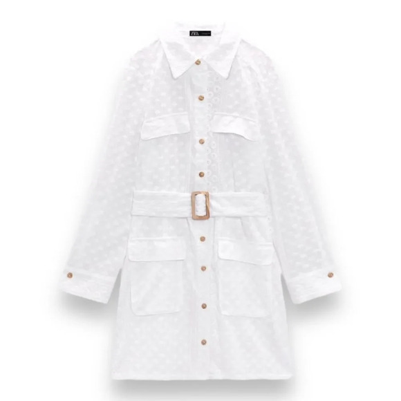 ZARA | White | BELTED EMBROIDERED MINI DRESS - Picture 2 of 14